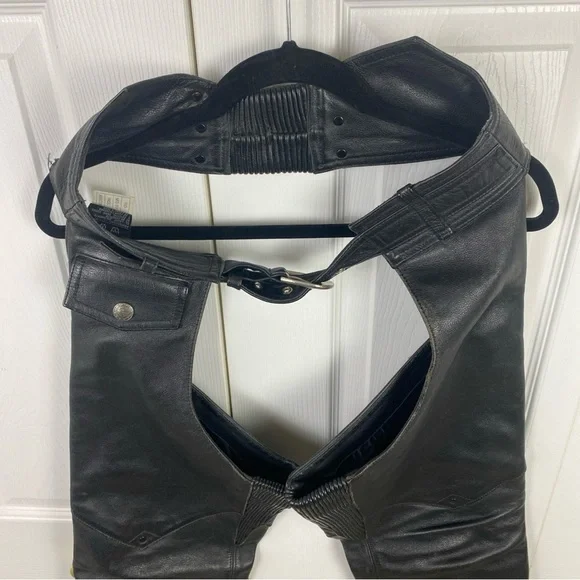 Harley Davidson Chaps Women XS Black Leather Riding Genuine Flared Leg Snap Away - Picture 2 of 9